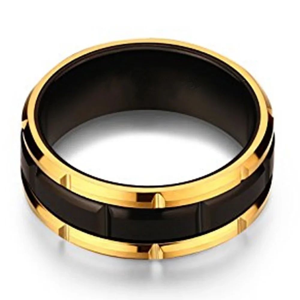 Gold and Black Mens Fashion Ring - Sleek Black Band with Gold Accents
